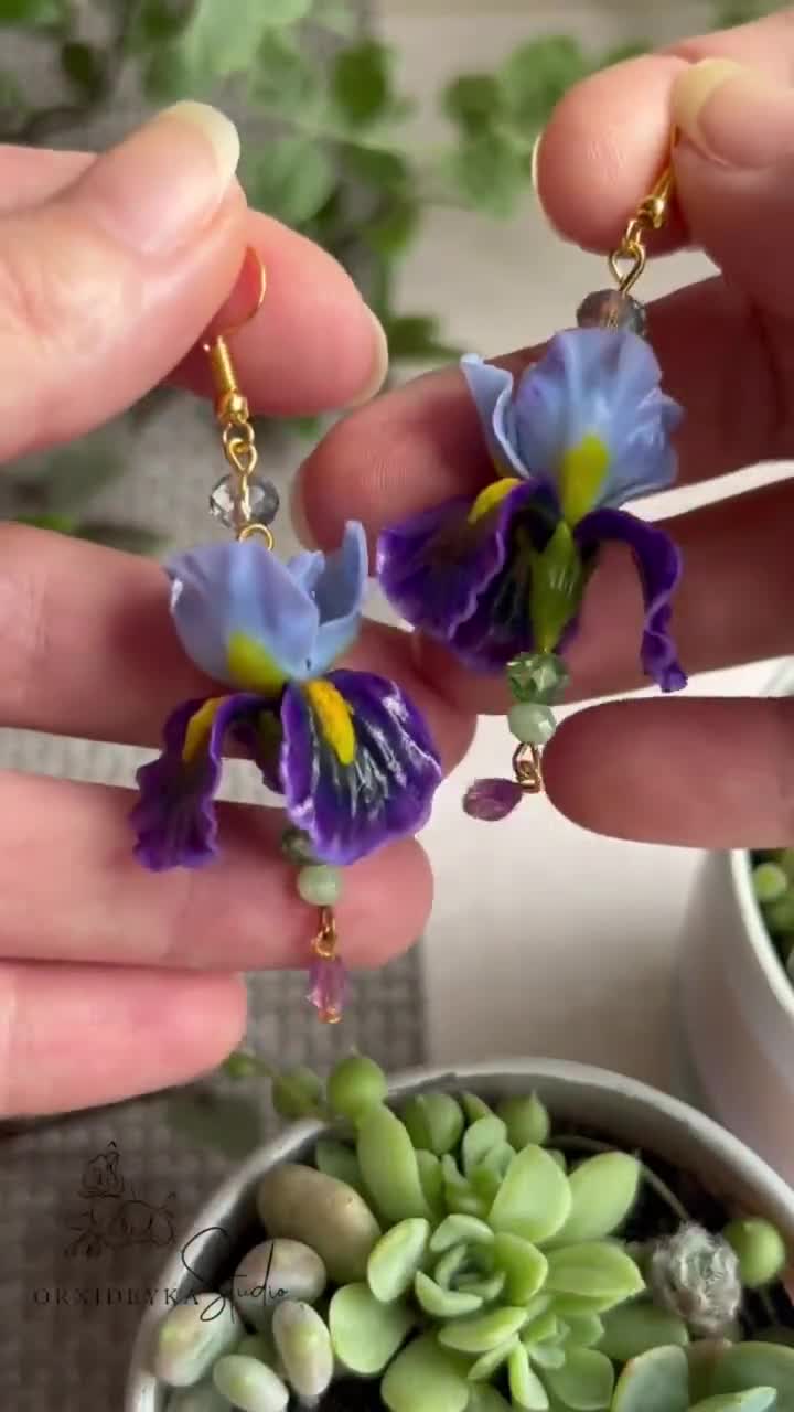 Earrings With Realistically Iris Handmade Flower Jewelry Polymer
