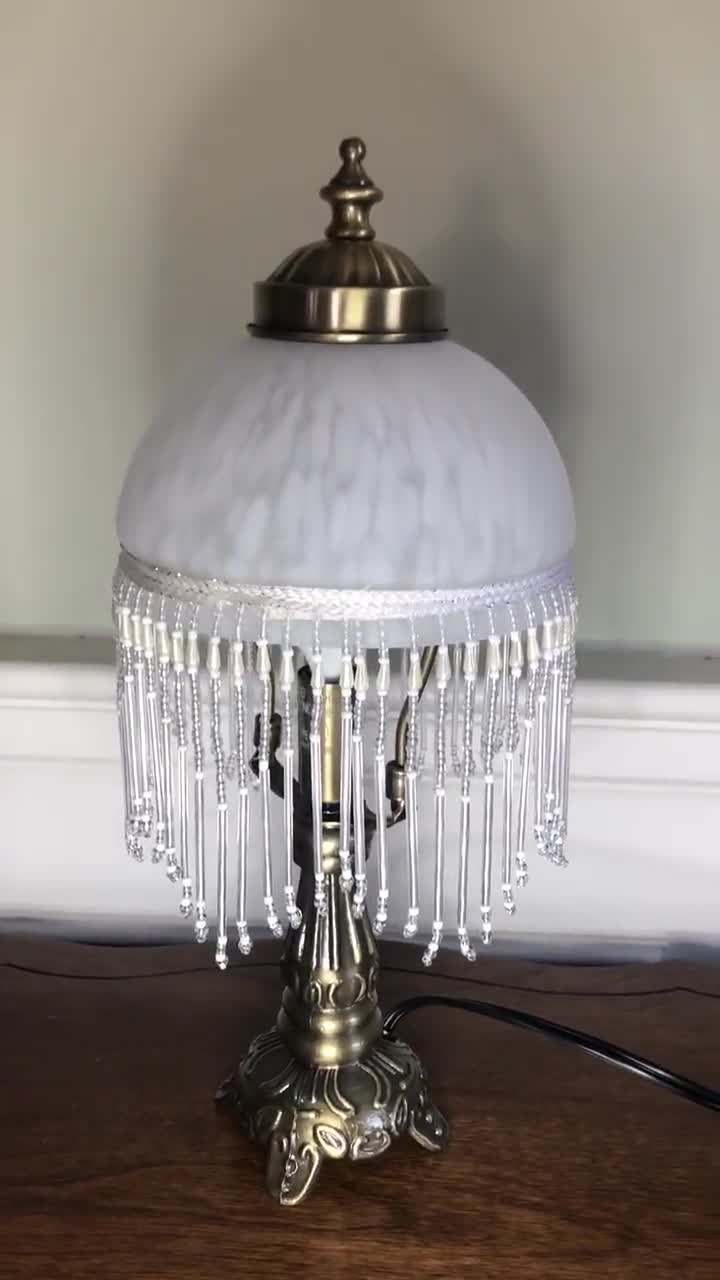 Stunning Vintage Fringe Beaded Lamp | Frosted Glass Table Lamp | Victorian  Boudoir white Glass Bead Lamp | Boho Chic Retro Lamp