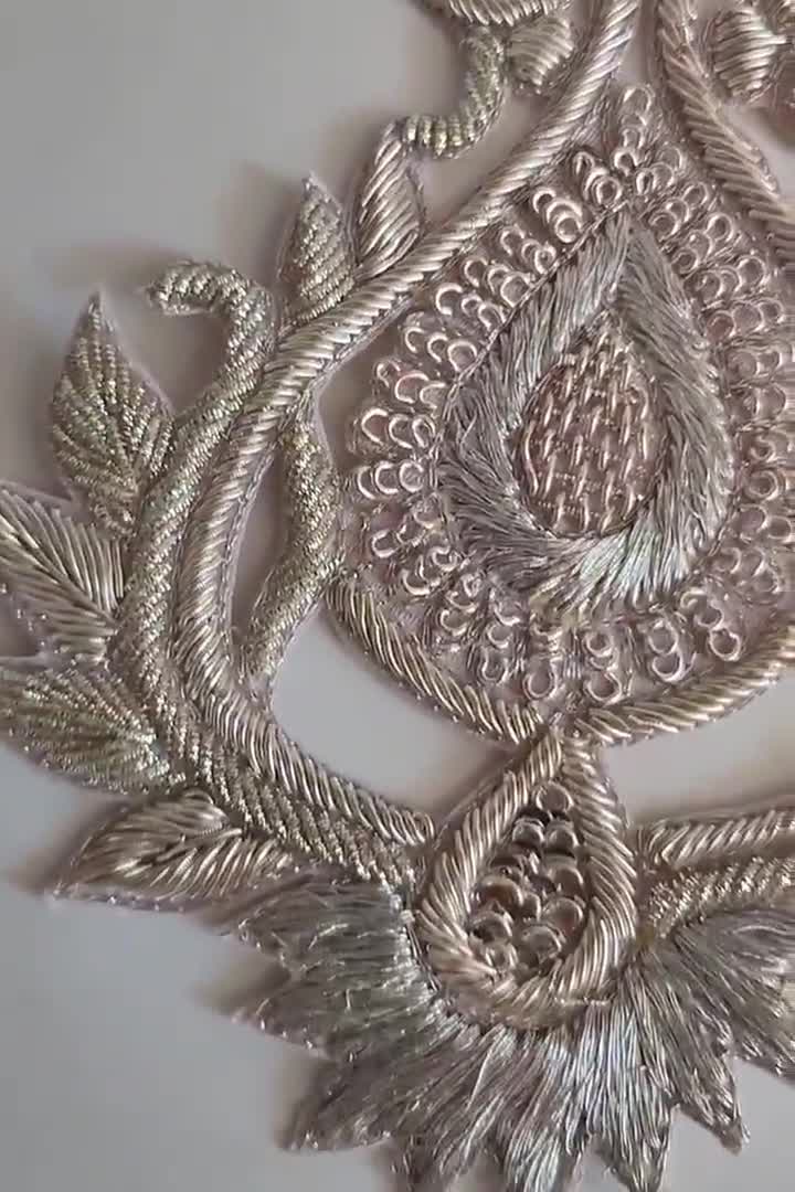 1 Pair - Silver Sew on Zardozi Embroidered Patch, Indian