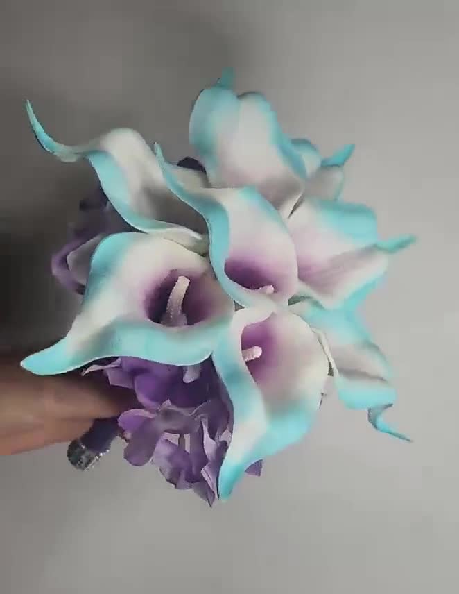 Teal Purple Royal Blue Calla Lily Galaxy Orchid Bridal Wedding Bouquet  Accessories 