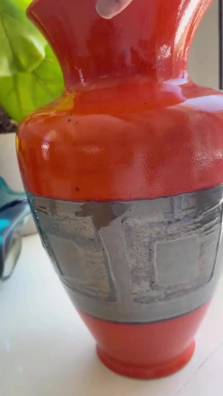 ヴィンテージドイツ製バーロウ陶器の花瓶：シルバーバンド付き大型