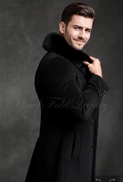 Men's Black Wool Coat With Faux Fur Collar, Winter Long Overcoat