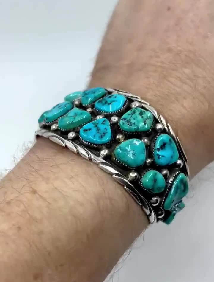 アクセサリー NAVAJO Silver Turquoise Edge Bangle Vintage Sterling Silver Navajo Multi Turquoise Hinged Cuff