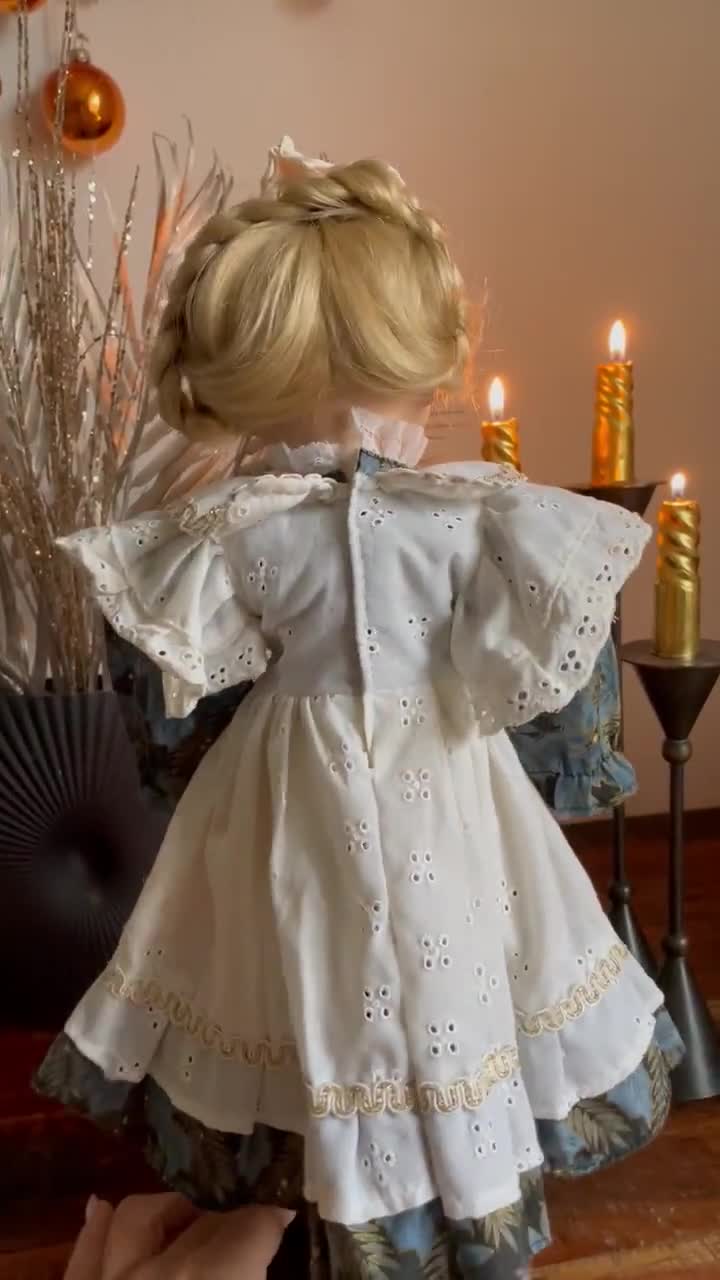 Poupée Porcelaine Vintage 40cm Châtain Tenue Champêtre Chapeau Paille #A - Jeux & Jouets