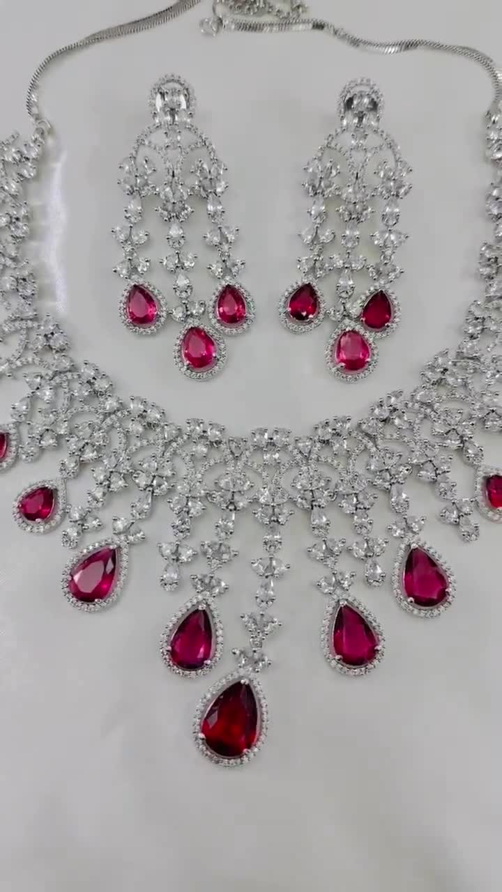 Silver polish Ruby & hotsell American Diamond Necklace for Bride, Wedding Necklace, Cubic Zirconia Bridal Jewellery, Clear Stone Indian Necklace