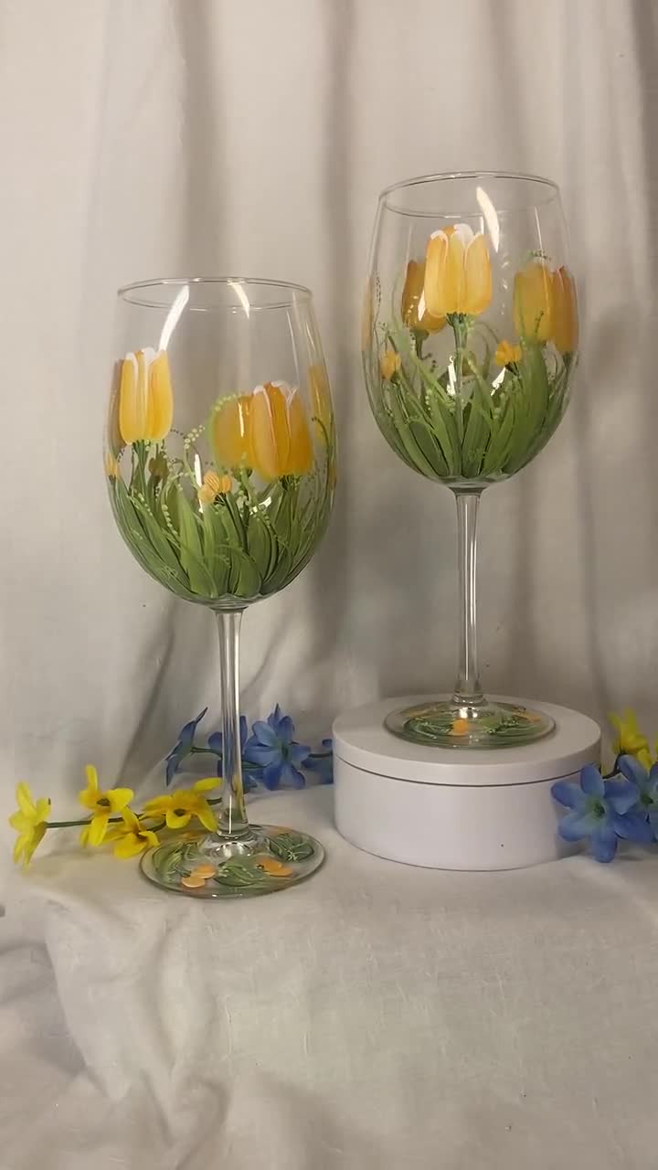 It's a Tulip Party! Yellow Tulip Wine Glass - Painted Base