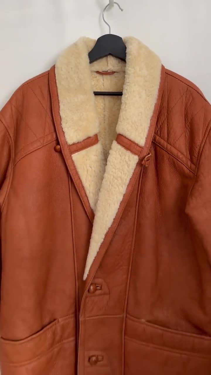 Vintage Jacket Coat Leather Shearling Sheepskin Wool Brown