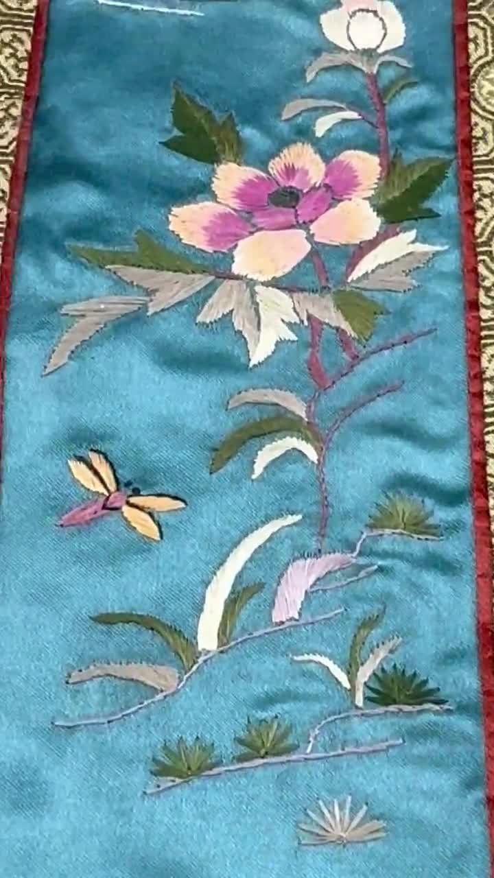 ヴィンテージ 敦煌 中国シルク刺繍タペストリーパネル 鳥と花 壁掛け
