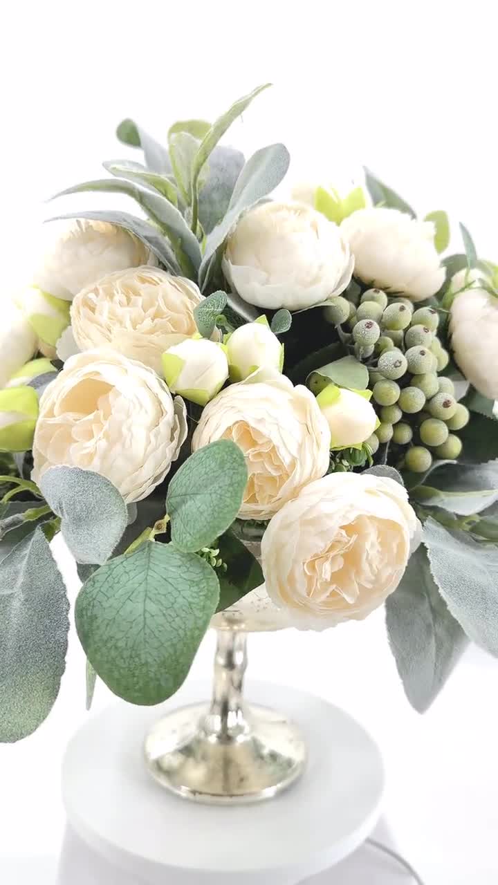 White Peony Arrangement Gold Vase, Artificial Faux Table Centerpiece, Faux  Florals, Silk Flowers Arrangement with Eucalyptus, Blue Paris