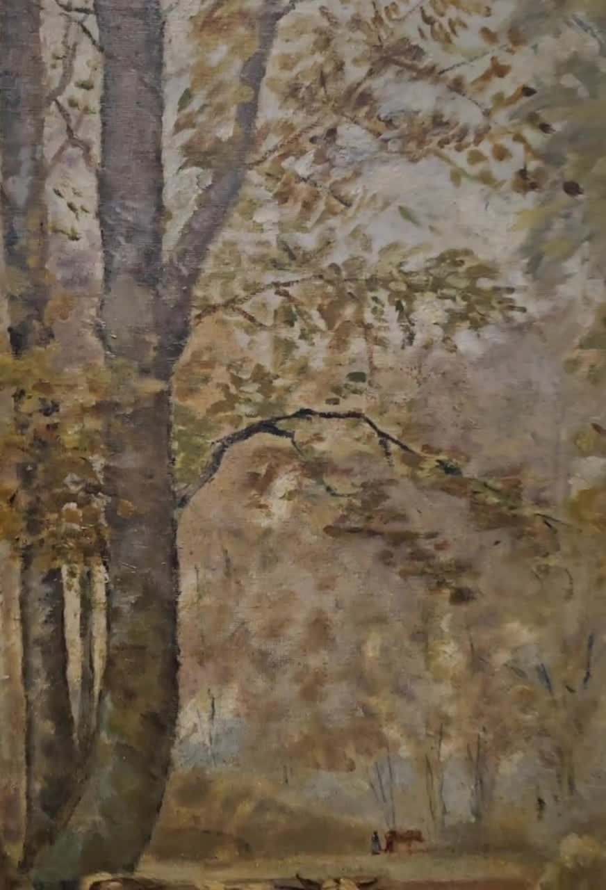 ◆最終SALEフランスアンティーク｜版画田舎の風景ノルマンディー絵画額壁掛け アンティークの大型フランス油絵、金色の額縁、牛のいる森の秋の風景