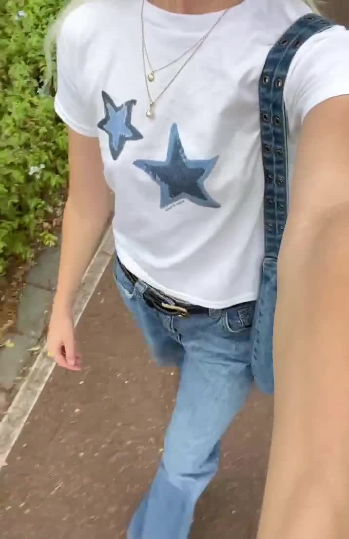 Blue Stars Womens Graphic Baby Tee Two Denim Star T-shirt