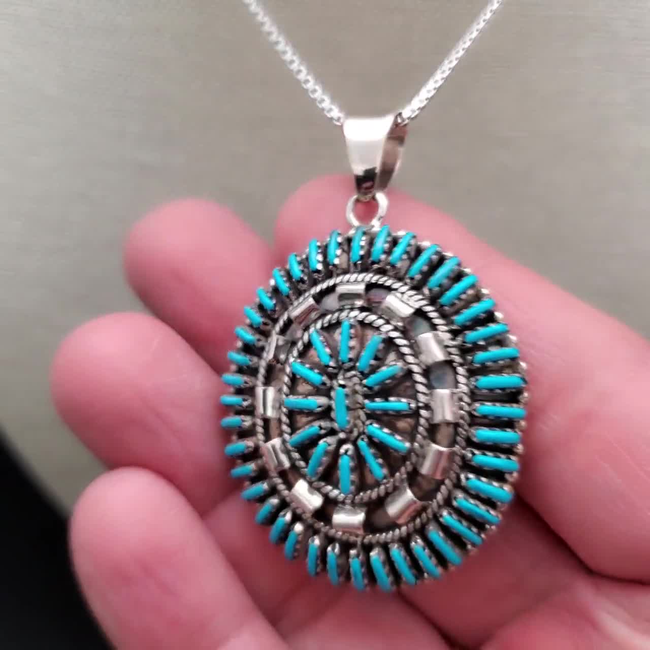 925forher Large Zuni Petit Point Turquoise Necklace Pendant
