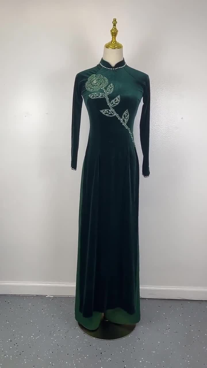 Velvet Ao Dai - Deep Green Color - Rose Design - Pre-made
