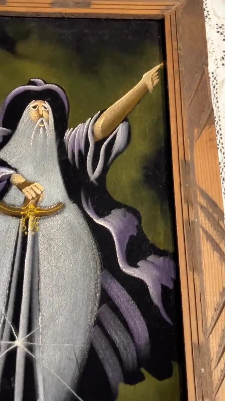 Vintage Wood Framed Velvet Painting Gandalf Signed Mexico Wall