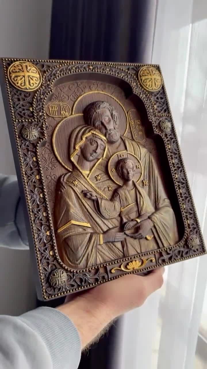 Hand Carved Wooden Holy Family Plaque: Byzantine Icon Wall Art