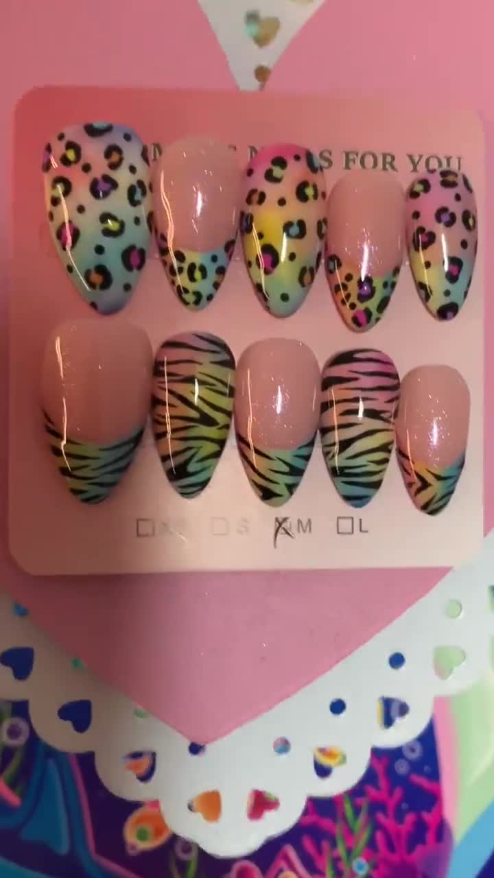 Retro 90s Y2K Rainbow Leopard Print and Zebra Stripes French Tip Nails video poster