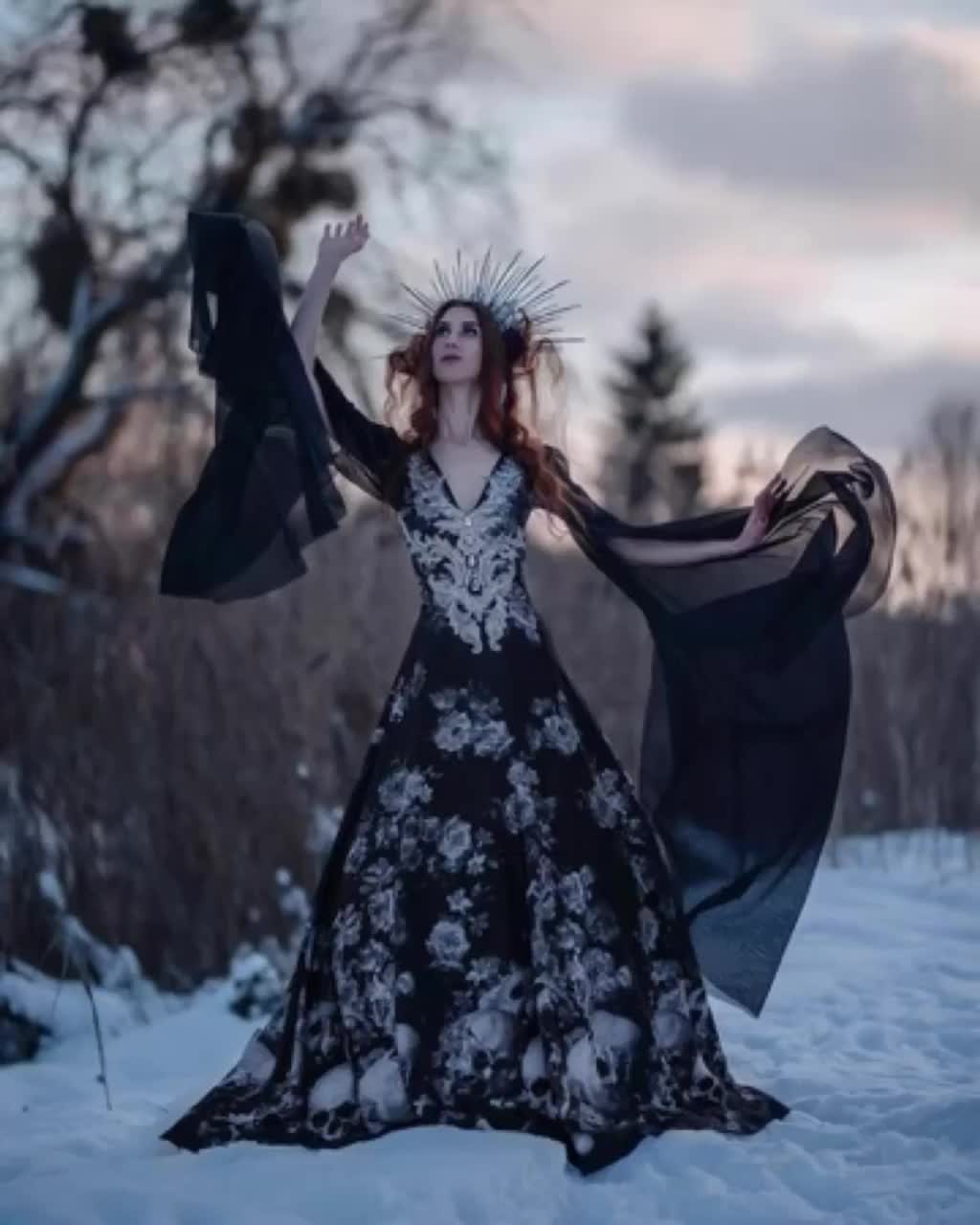 prom dress with skulls Marie Laveau Queen of Skulls Halloween Dia de los Muertos Gothic Wedding  Dress Black Skull Floral Voodoo Bride Ball Gown