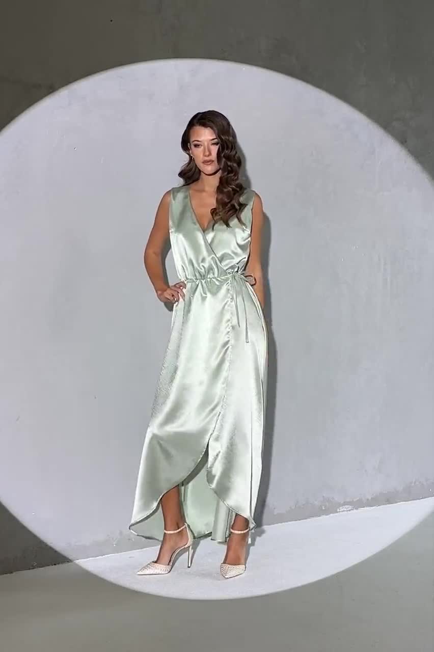 Light Sage Green Dress, Satin Dress, Wrap Dress, Bridesmaid Dress, Wedding Guest Dress, Long Satin Dress, Crepe Back Satin Dress Light Sage Green Dress, Satin Dress, Wrap Dress, Bridesmaid Dress, Wedding Guest Dress, Long Satin Dress, Crepe Back Satin Dress