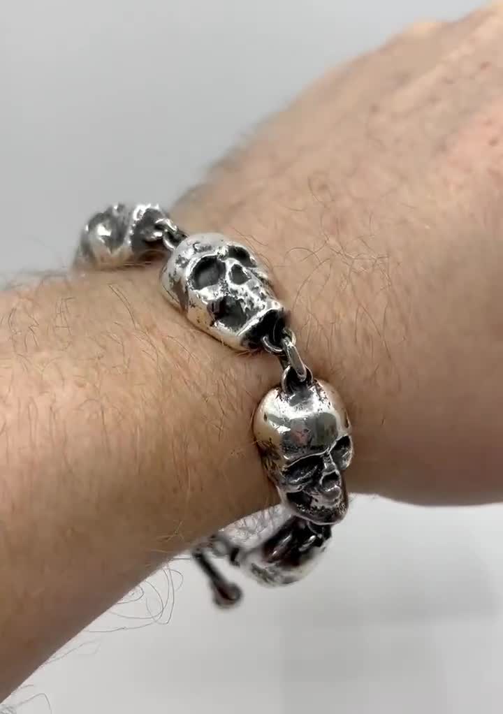 Solid Sterling Silver Huge Skull Bracelet Oxidized Finish
