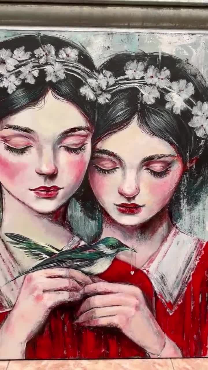 手作りの肖像画：鳥と二人の姉妹、キャンバスにアクリル - Etsy 日本