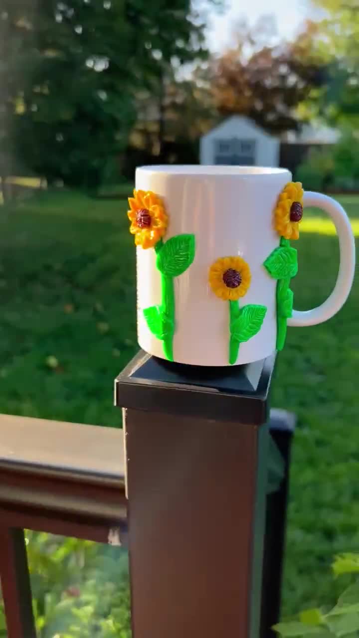 Customizable 3D Polymer Clay Sunflower Glass Cup With Bamboo 