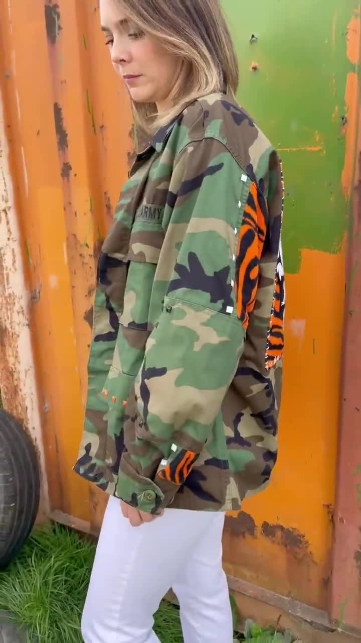 Reworked Camo Army Jacket: Orange Savage Tiger Studs - 90s M45 USA