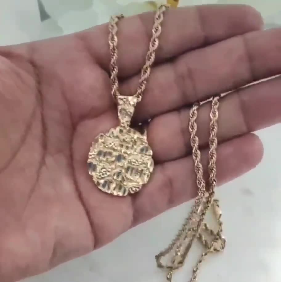 ゴールドナゲットペンダントネックレス：4mmロープチェーン、14K厚手