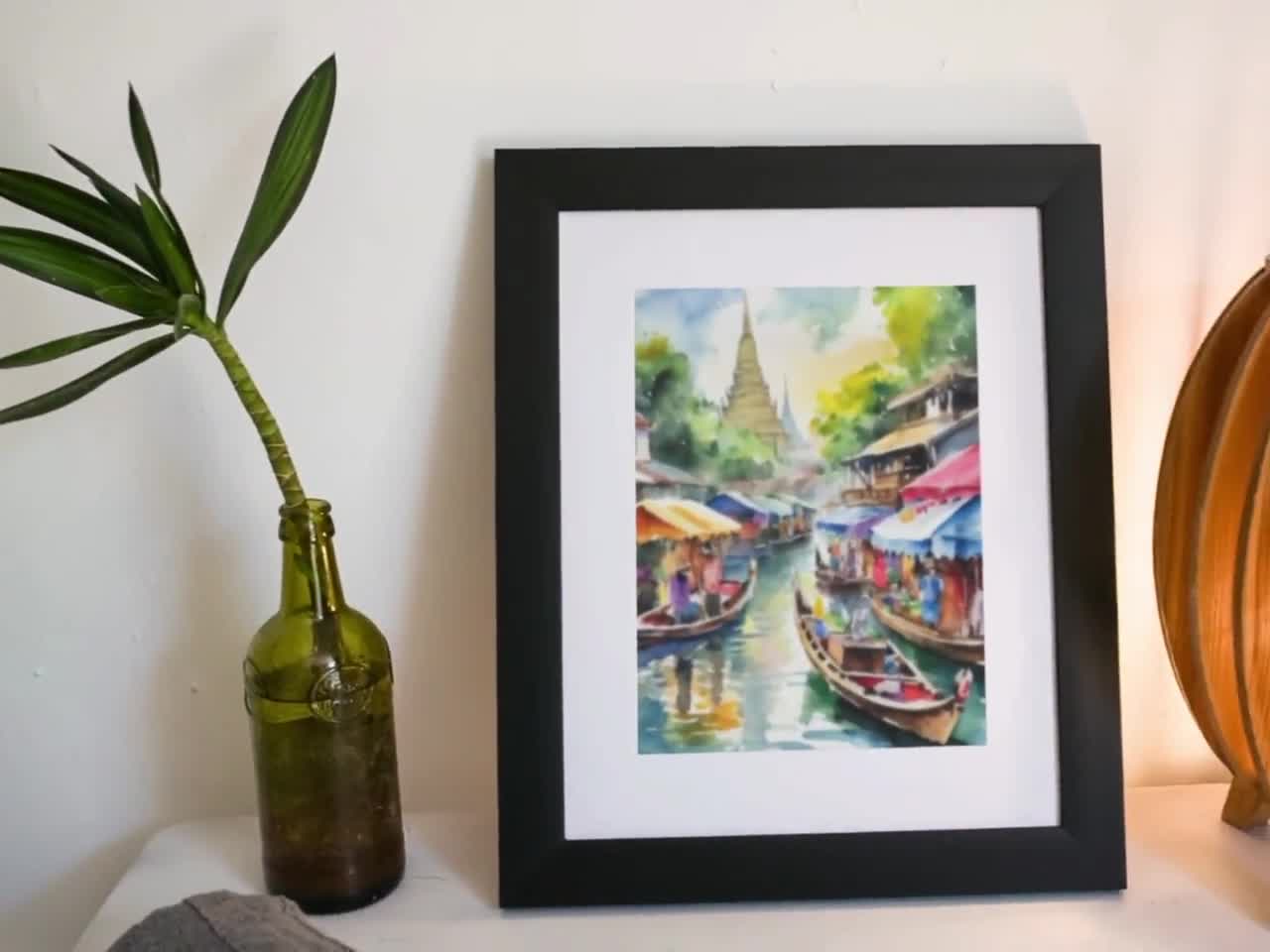 バンコク水上マーケットの水彩画（デジタルアート）タイ、旅行アート