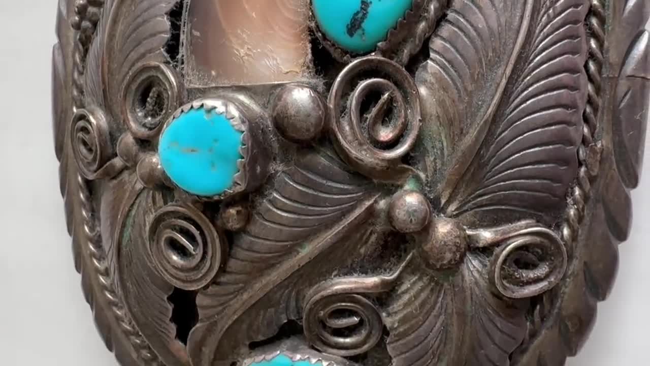 Navajo Sterling Silver Belt Buckle, Turquoise, Coral, Eagle Claw