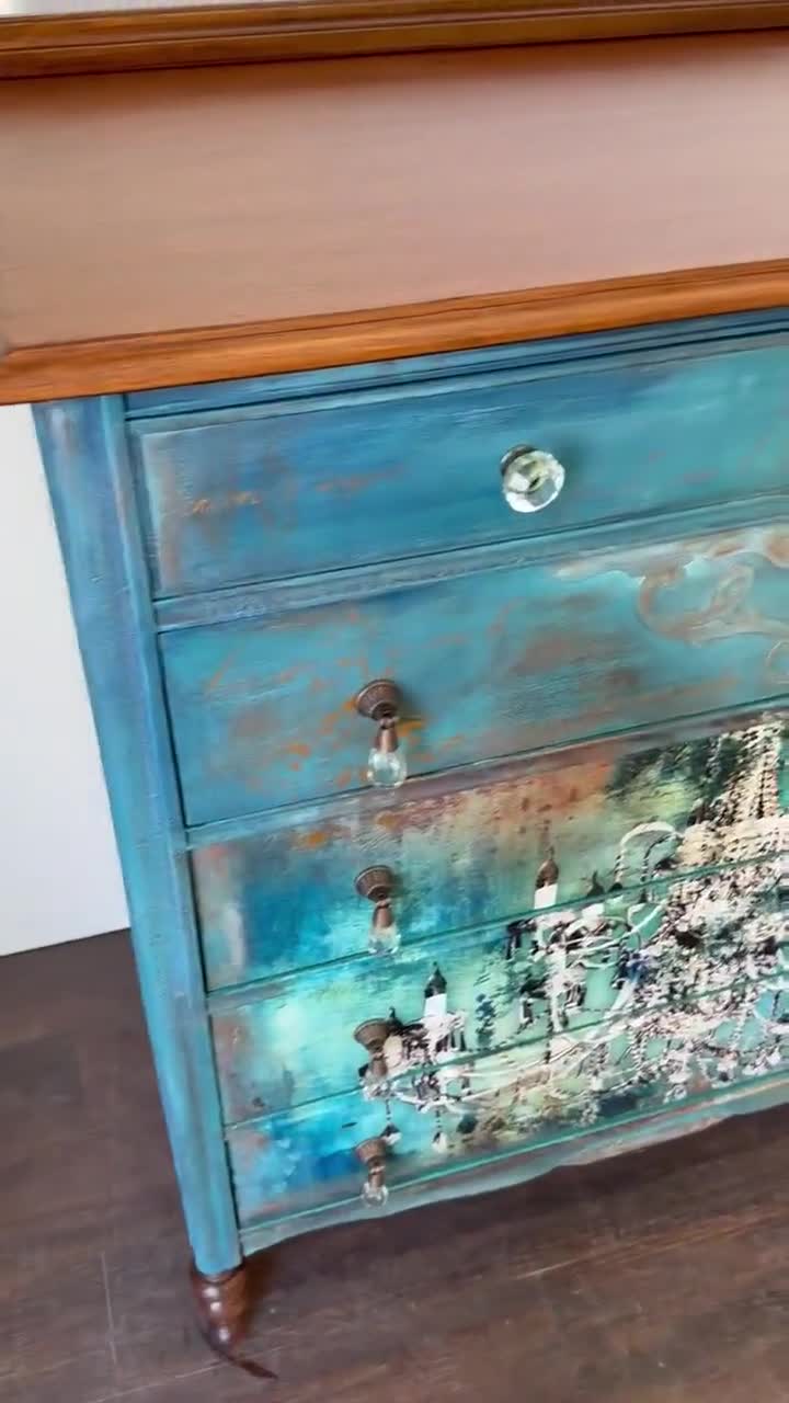 country blue dresser Drexel French Provincial Dresser Vintage 1970s | 9-drawer French Blue Dresser With Gold Accents | Antique Refinished Bedroom Furniture