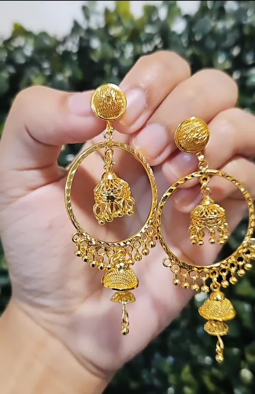 22k Real Dubai Gold P Hoops Everyday Earrings Dangling Bell Hoops Gold Slim Sleek Indian Double jumki Gold Earrings New Woman Earrings