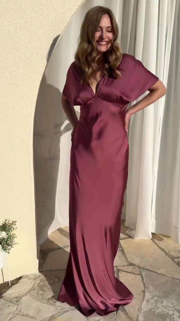 rosewood satin bridesmaid dresses Leah Luxe Satin Bow Sleeves Bridesmaid Dress