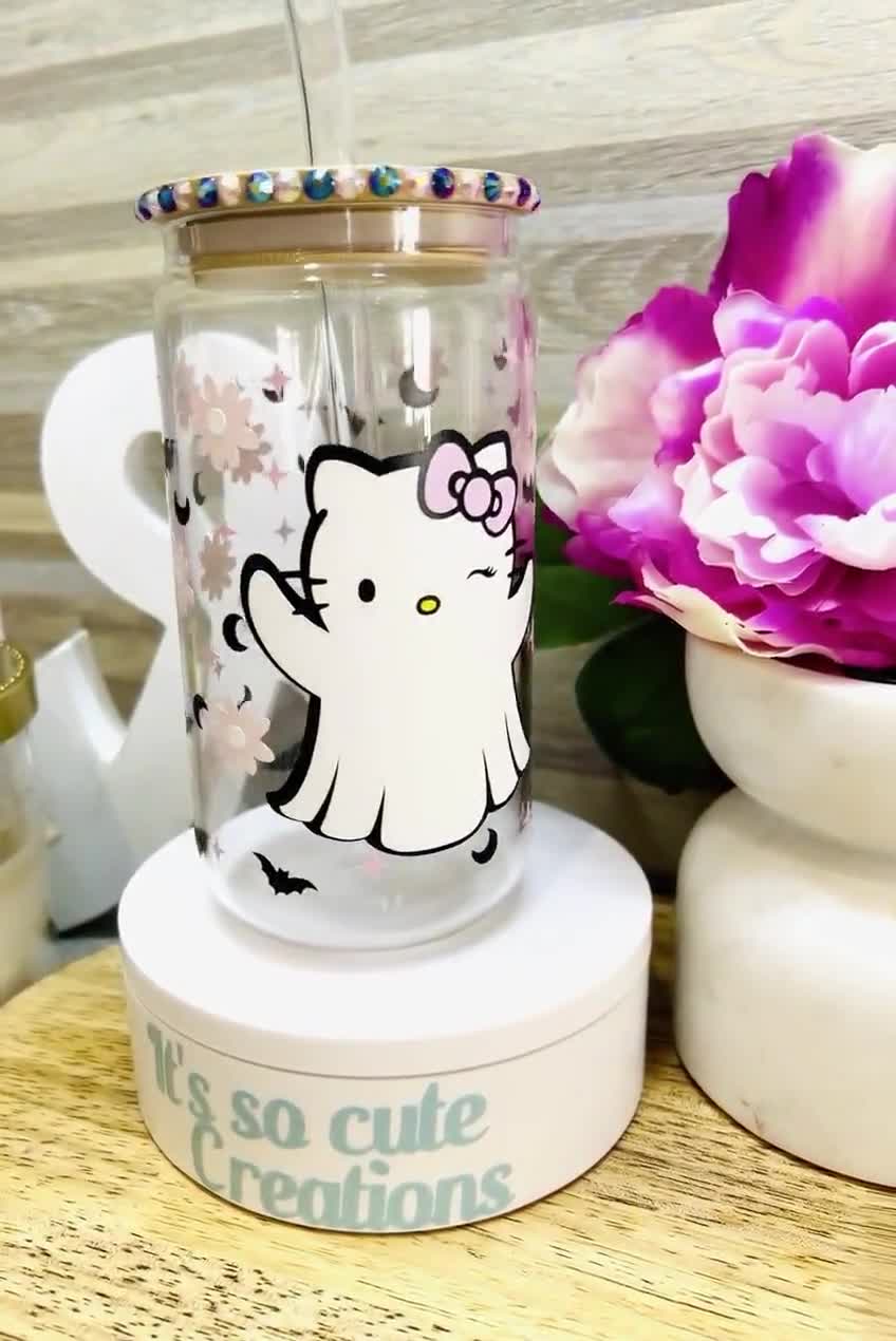 Hello Kitty Glass Tumbler Coffee Cup Beer Can Ghost Hello Kitty Sanrio Cat  Libby Glass Cup Reusable Coffee Cup Glass Jar 16oz Cup 