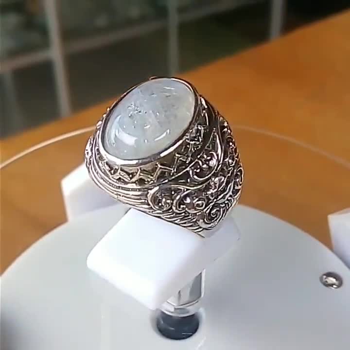 Silver ring Boma motif with 2024 rainbow moonstone