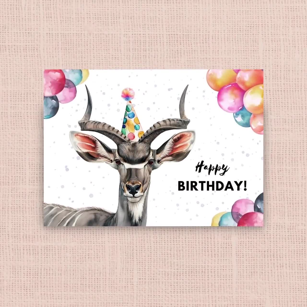 Antelope Birthday Card, Happy Birthday Party Hat and Balloons