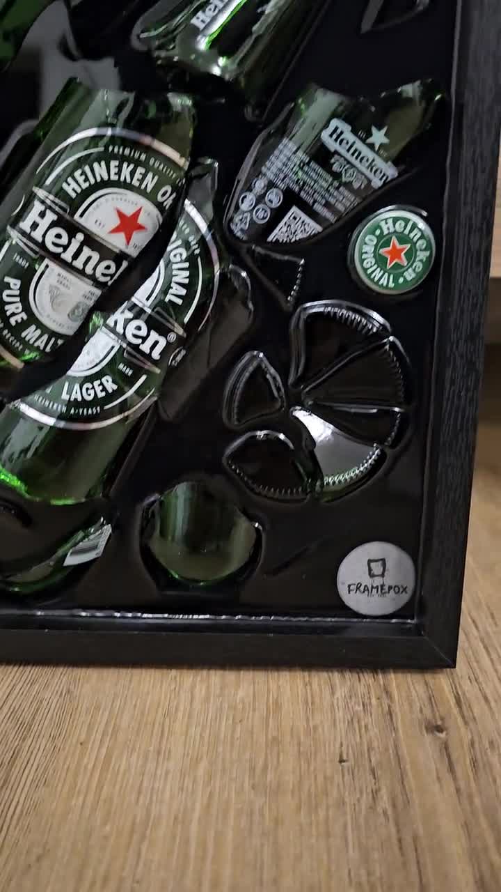 Heineken Broken Bottle Resin Wall Art – Framed Upcycled Beer Decor Heineken Broken Bottle Resin Wall Art – Framed Upcycled Beer Decor