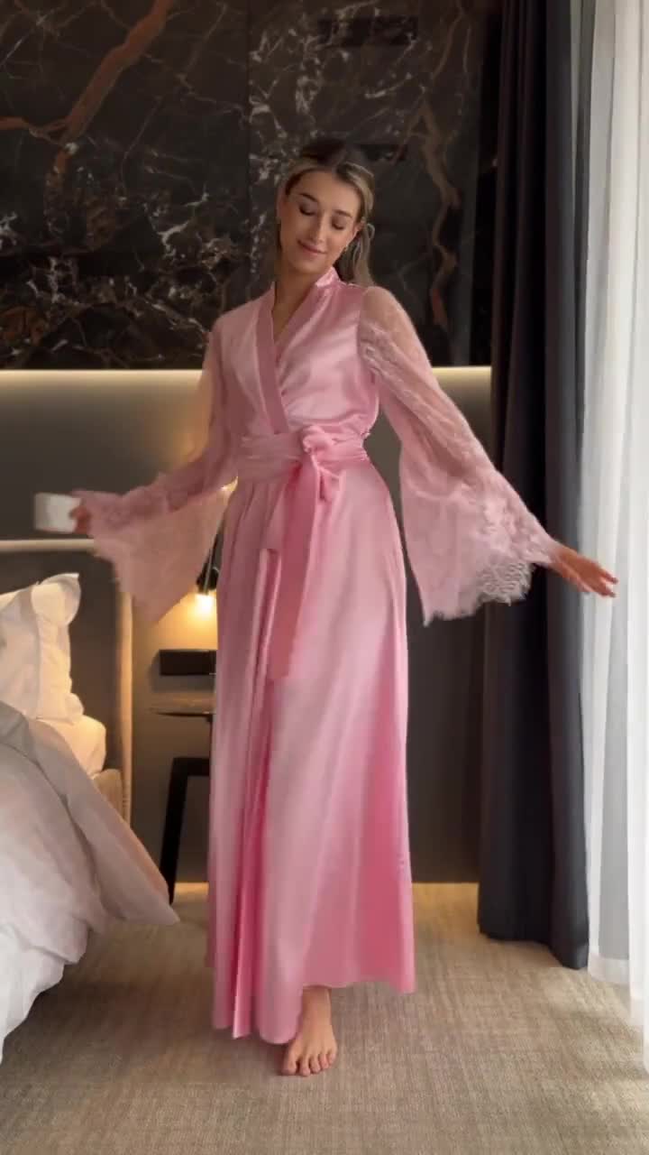 Accappatoio da donna con scollo a V, da notte, lungo e setoso
