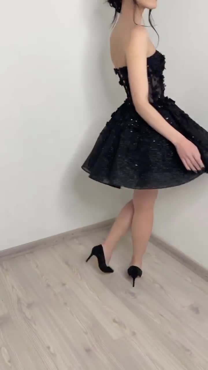 Black gothic mini tulle sparkly beaded corset gown with 3D appliques, glitter short party dress with sheer corset Black gothic mini tulle sparkly beaded corset gown with 3D appliques, glitter short party dress with sheer corset
