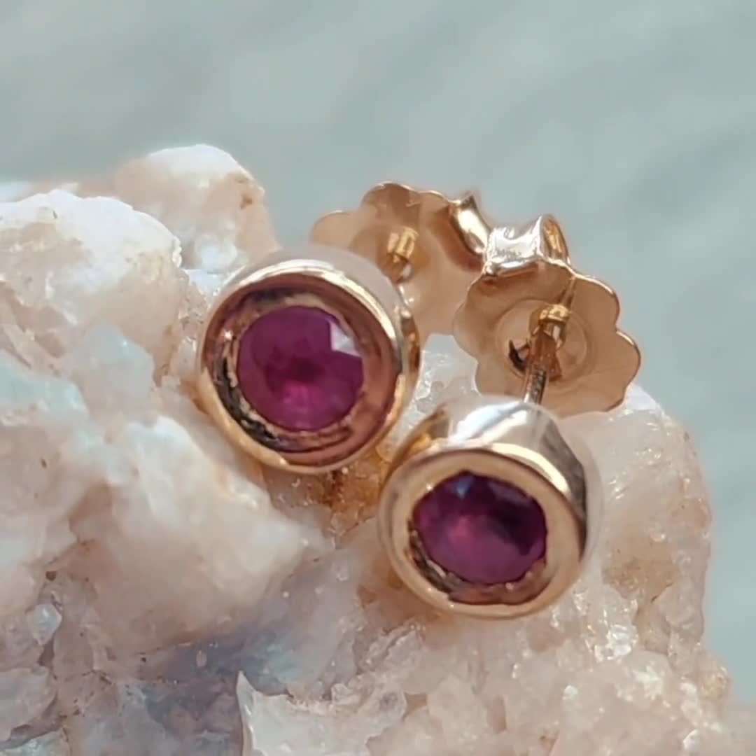 10K Yellow Gold Bezel Set Ruby Stud Earrings st 3773 - Etsy