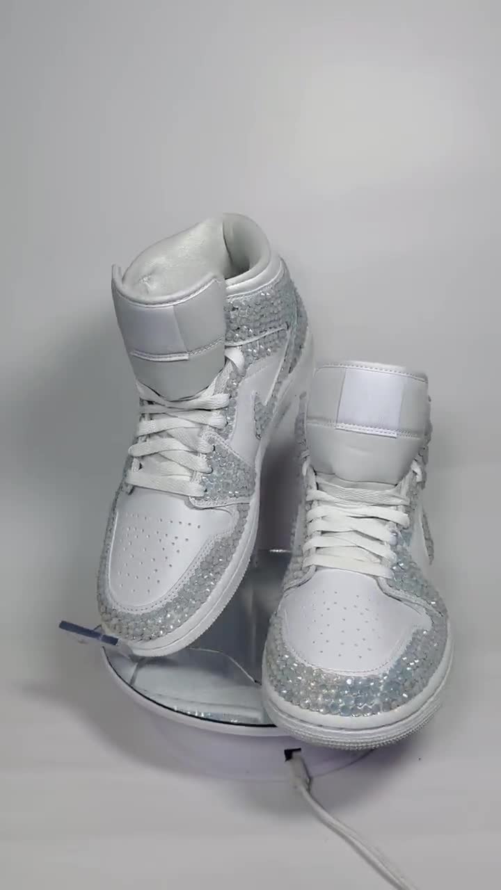 White Bling Wedding Jordans, Bedazzled Bridal shoes, Custom Rhinestone Sneakers, Bejeweled Nikes, video poster