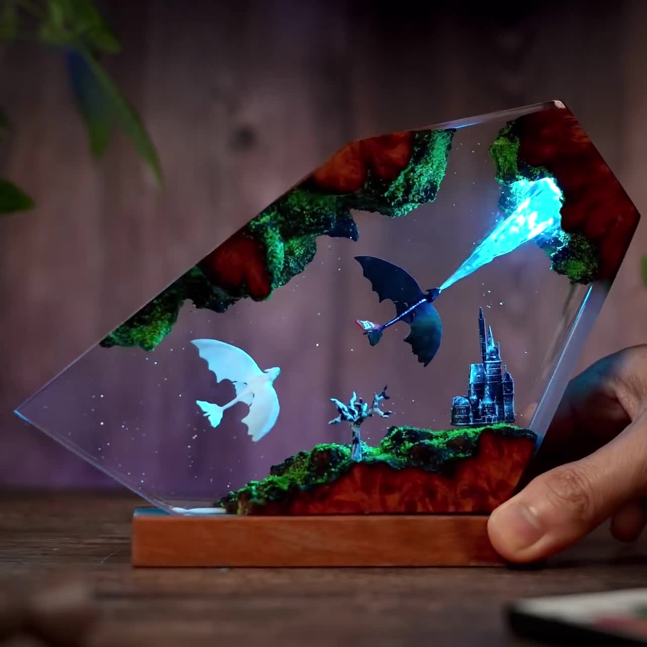 Dragon Couple Night Light: Resin Wood Art Lamp With RGB LED