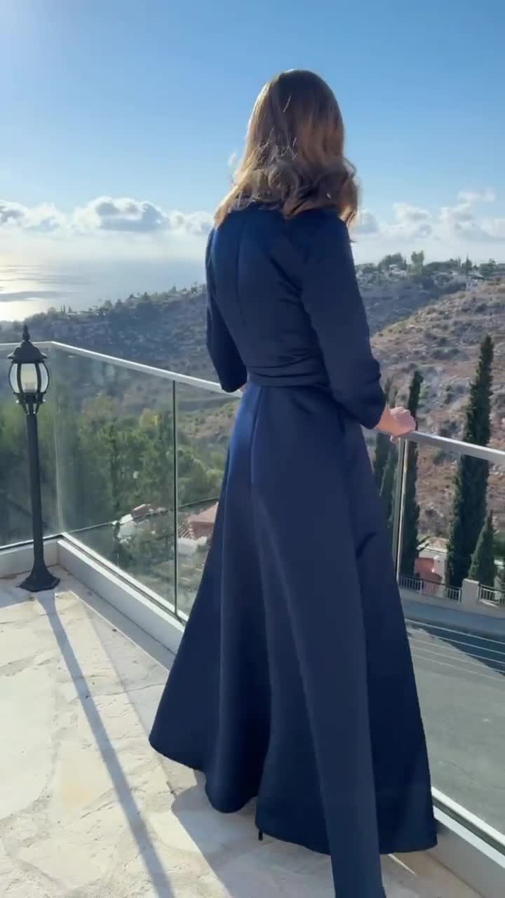 navy blue wrap dress wedding guest Navy blue long wrap dress, bridesmaid dress, cocktail dress, wedding guest dress, party dress, formal dress, prom dress, evening dress