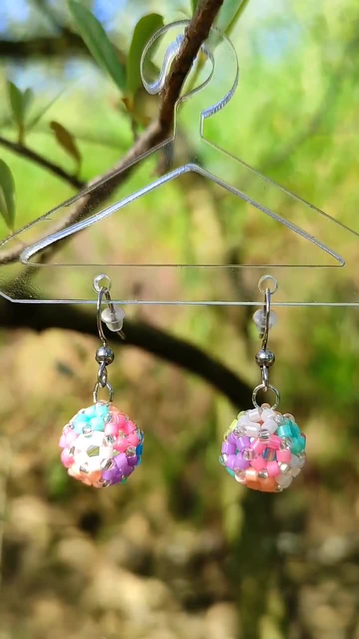 Multicolor Beaded Earrings Handmade Small Ball Earrings Seed Bead Flower  Earrings Round Dangle Earrings Sterling Steel Gift For Her