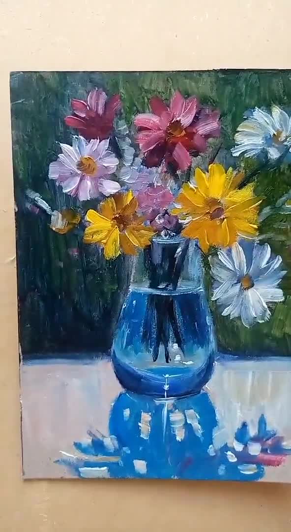 花の油絵：花瓶に入った明るい夏の花束、オリジナルアート（5 x 7