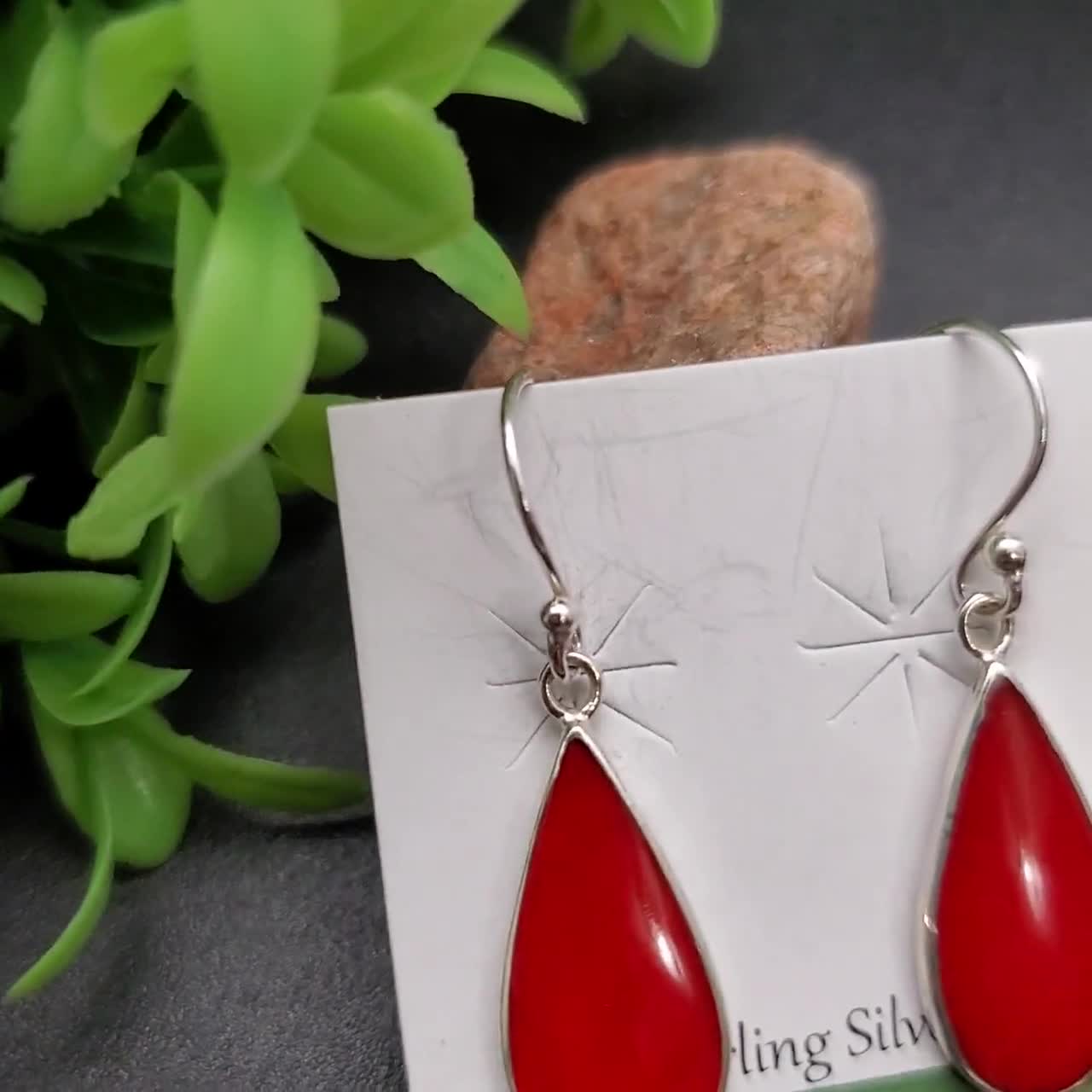ATS-AYU189 | Red Coral Inlay Dangle Earrings | Sterling