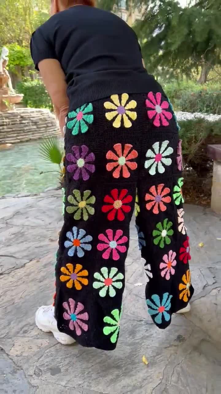パンツ MAISON SPECIAL/Crochet Flower Knit Pants Crochet Black Floral Pants With Tie, Knit Daisy Pants, Wide
