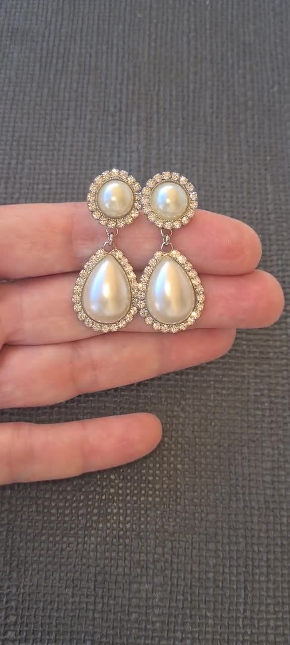 CLIP ON 5cm Goccia Di Perla ORECCHINI LUNGHI Bianco/oro Moda CONTAGOCCE Retrò Vintage - Foto 11