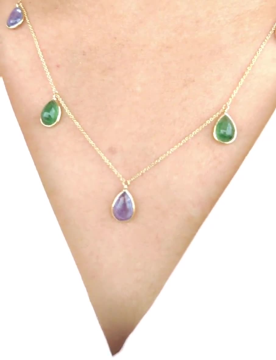 天然グリーンアベンチュリン＆タンザナイトペンダント、14K