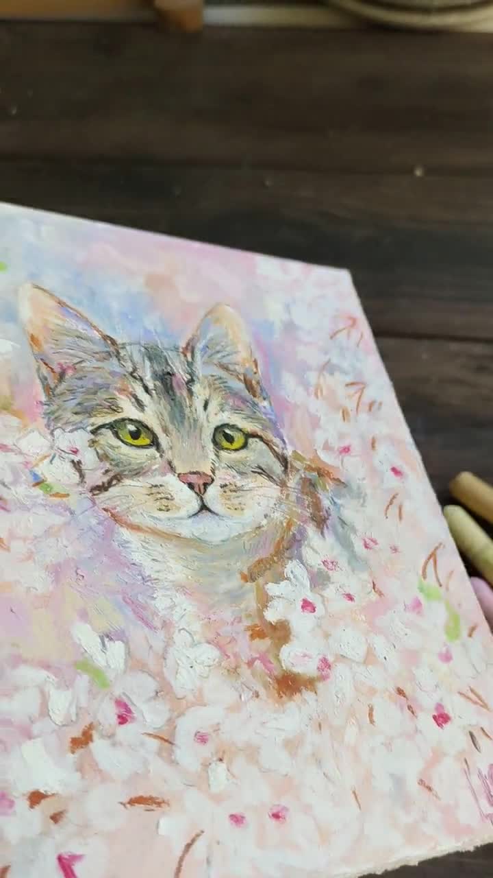 オリジナルオイルパステル画：猫の壁アート（5.5インチ×6.5インチ