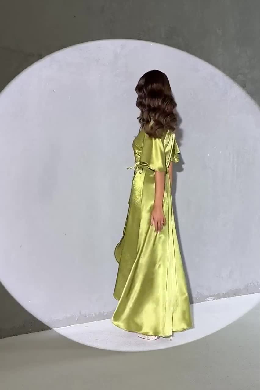 Satin Wrap Dress, Olive Green Dress, Satin Wedding Guest Dress, Maxi Satin  Dress, Satin Bridesmaid Dress